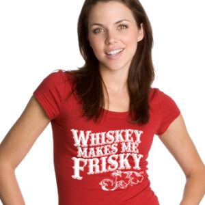 Girl wearing a red shirt about whiskey