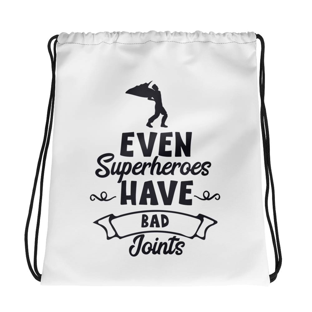 even superheroes have bad joints drawstring bag