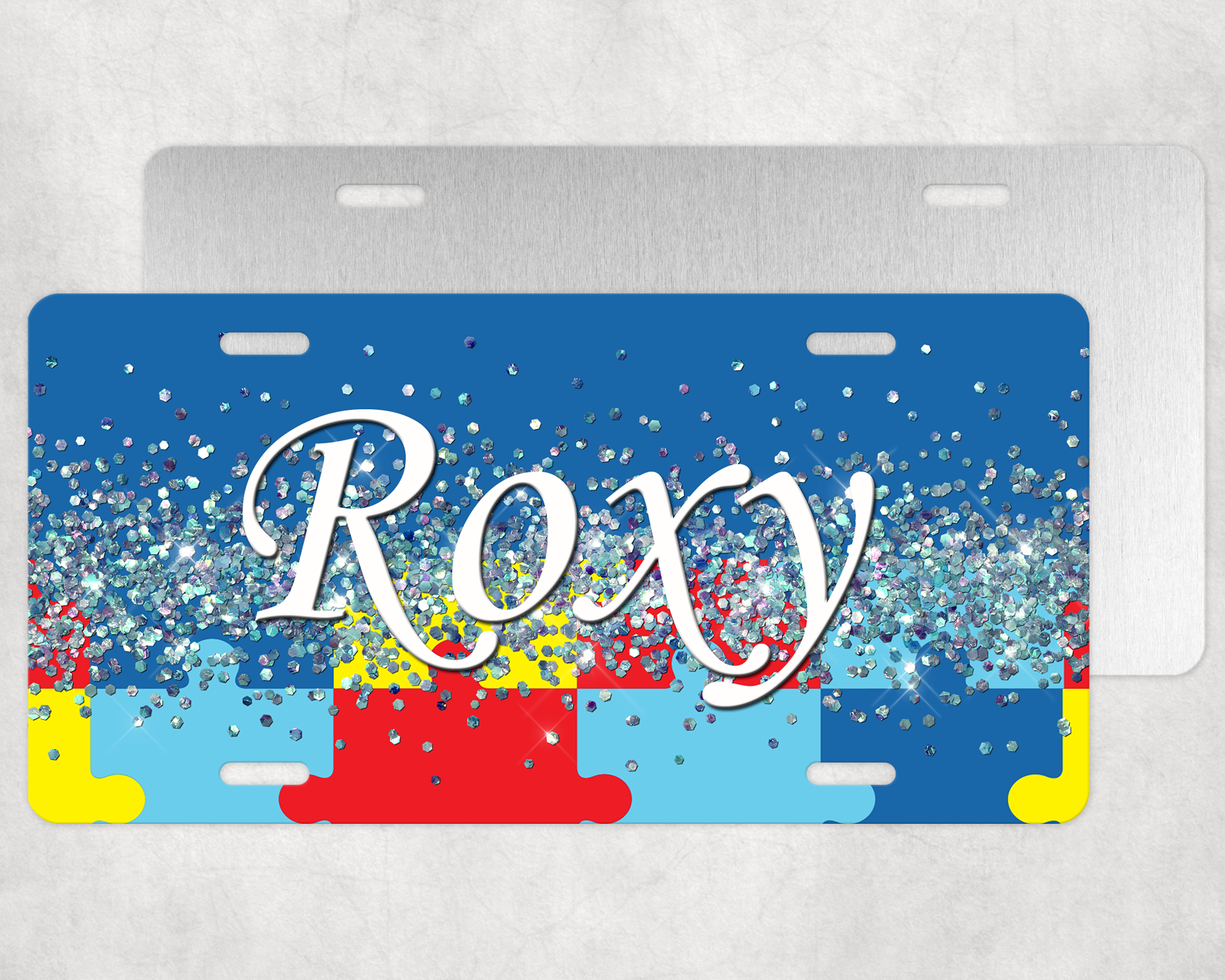 Glitter & Puzzle Piece Aluminum License Plate Mockup