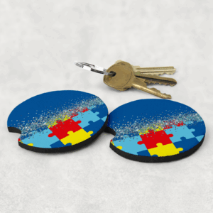 2 autism glitter car coasters with a set of keys mockup