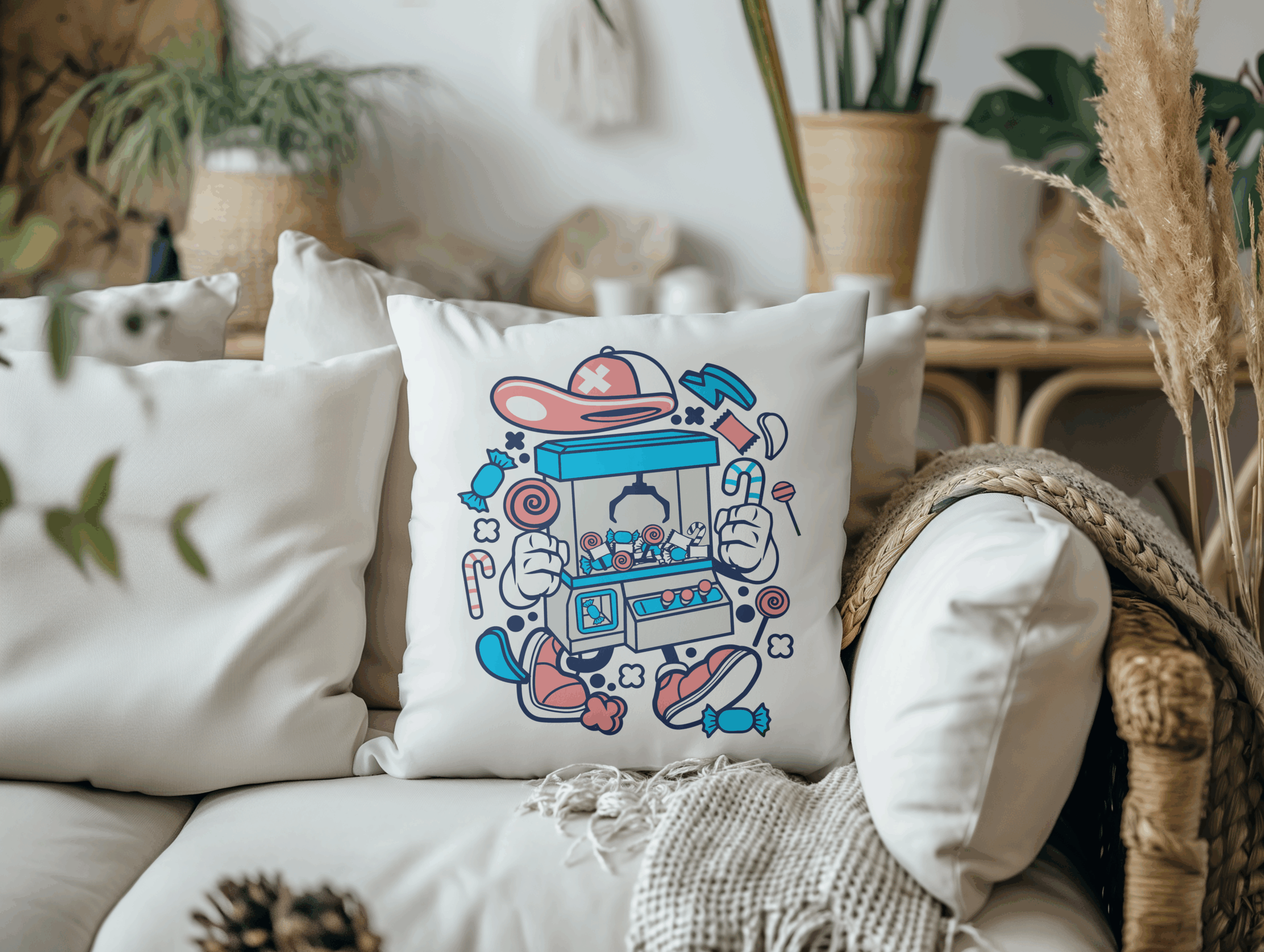 Claw Machine Kid Throw Pillow Mockup