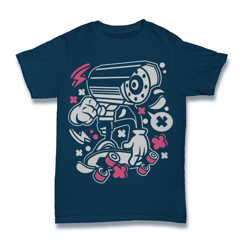 Cartoon Skateboarding Security Camera Character Shirt Mockup