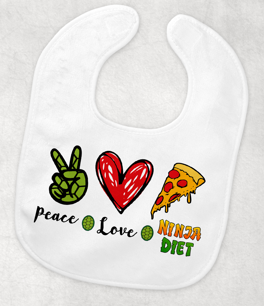 Peace Love Ninja Diet Baby Bib Mockup