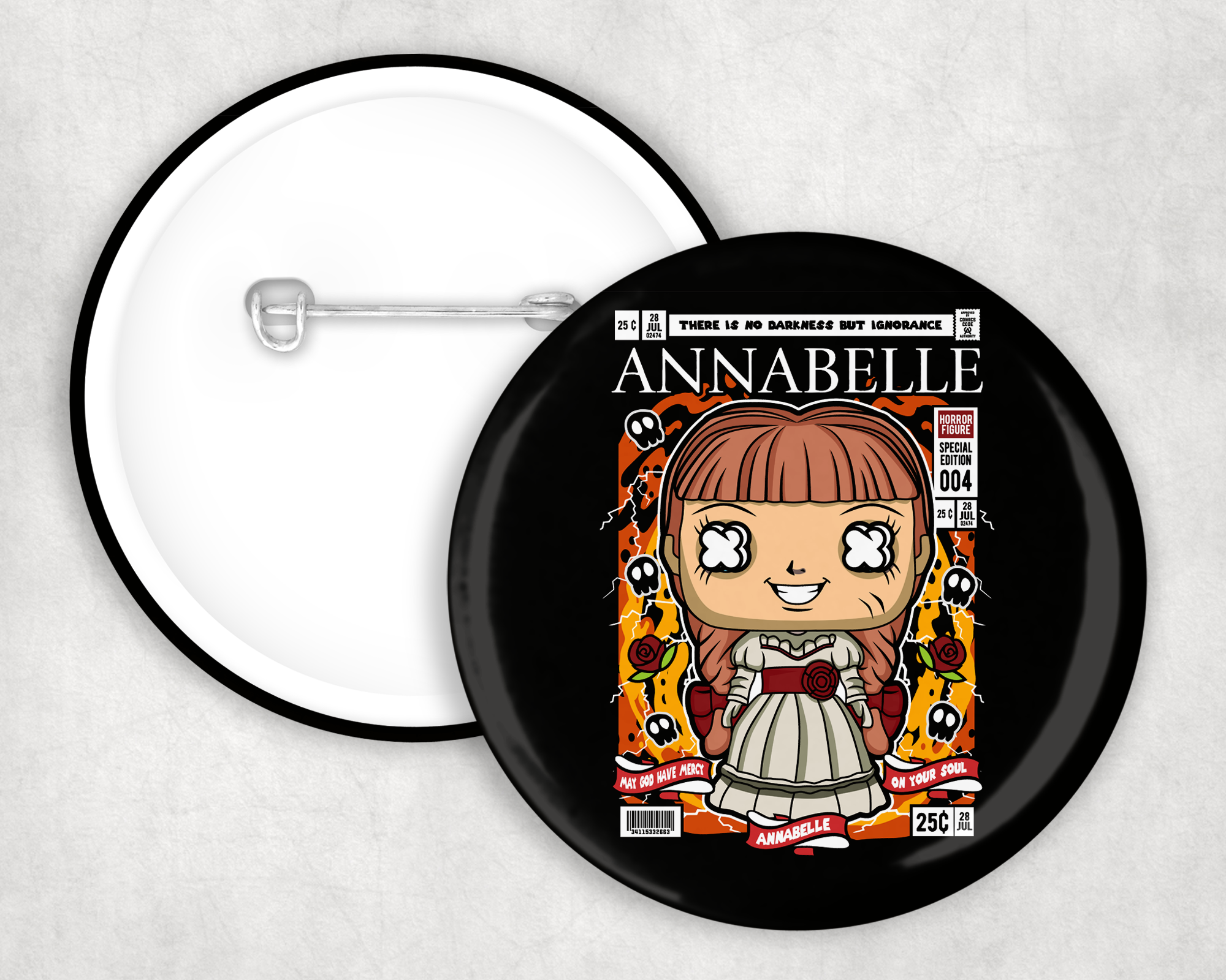 Evil Doll Comic Button Mockup