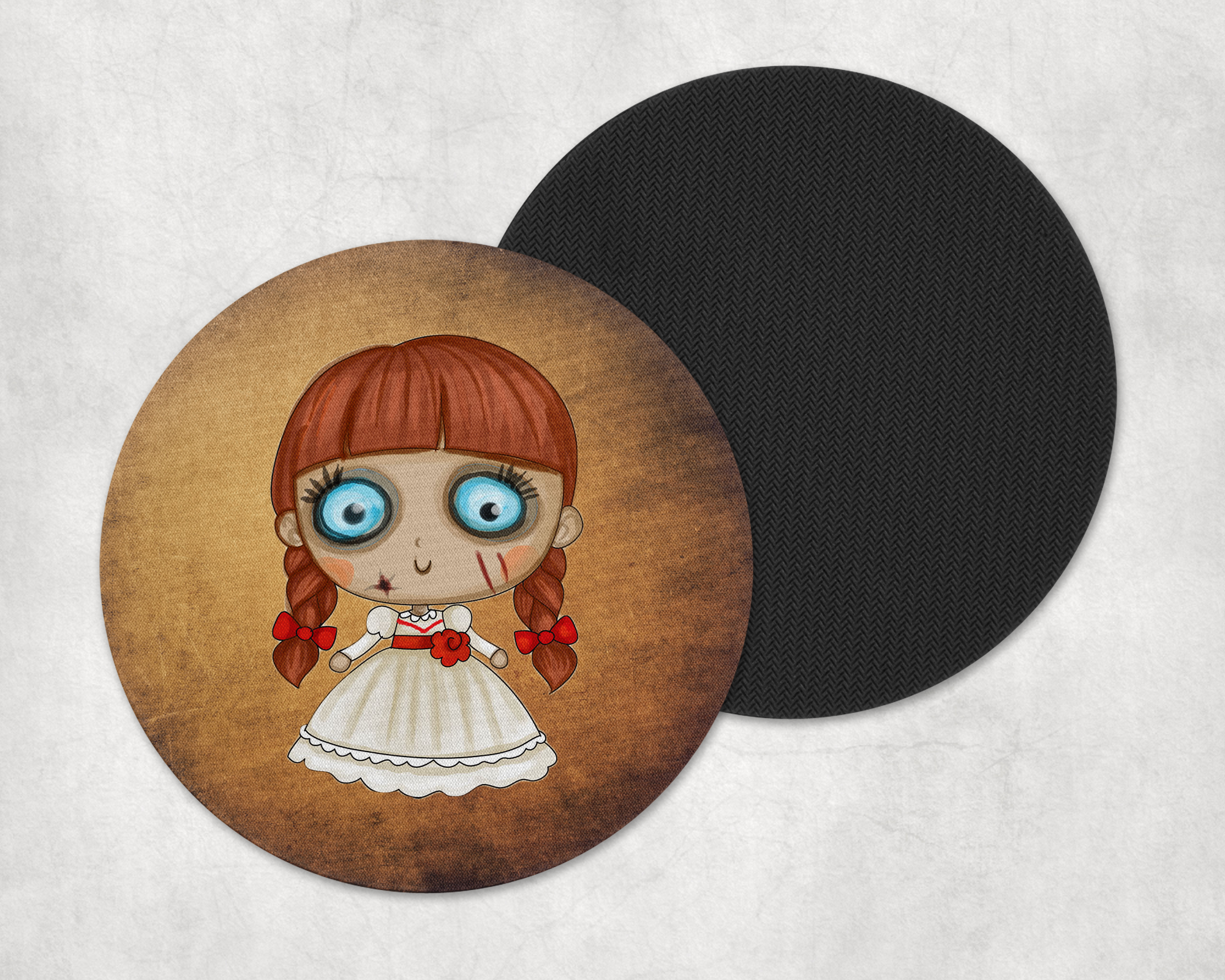 Cute Evil Doll Coasters Mockup