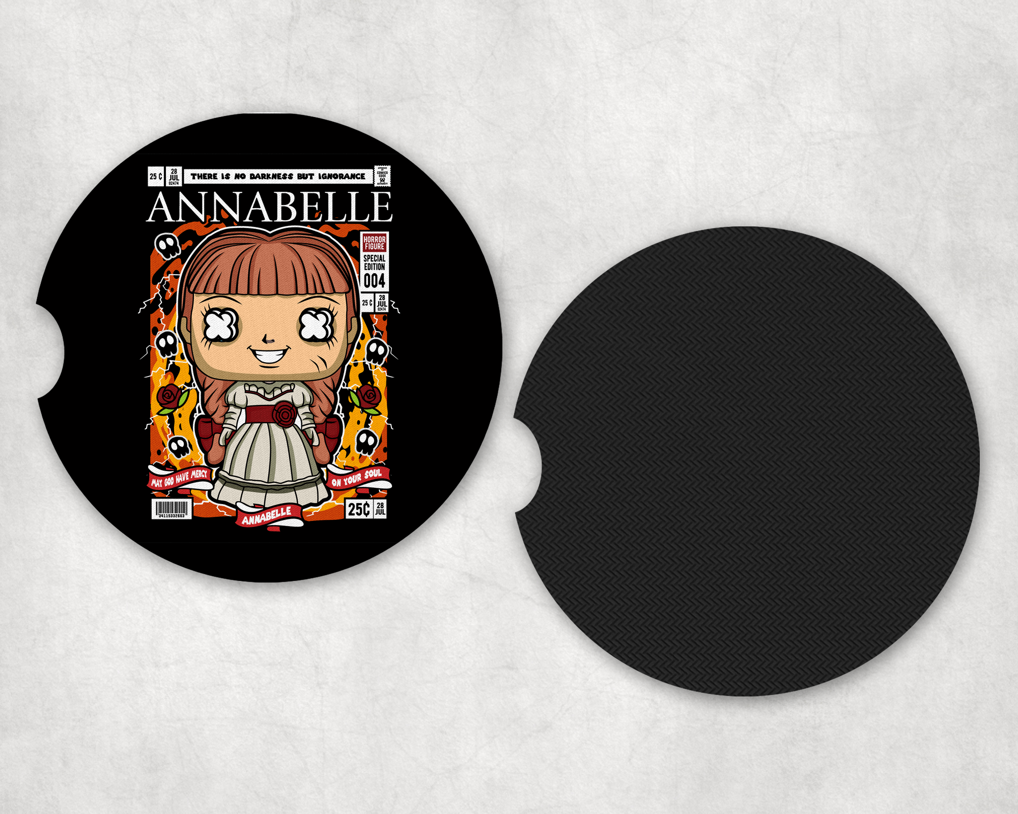 Evil Doll Comic Car Coasters Mockup