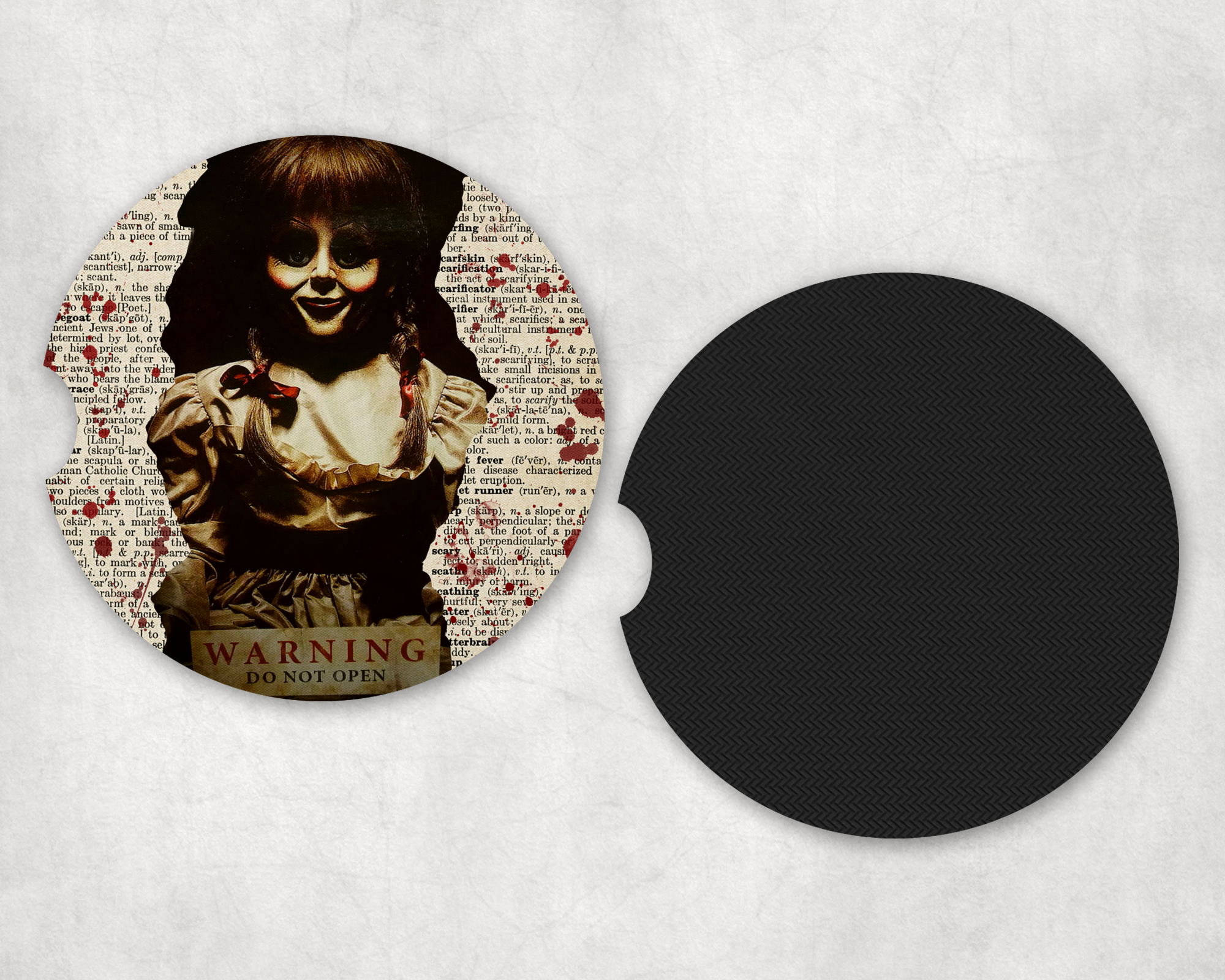 Evil Doll Print Car Coasters Mockup