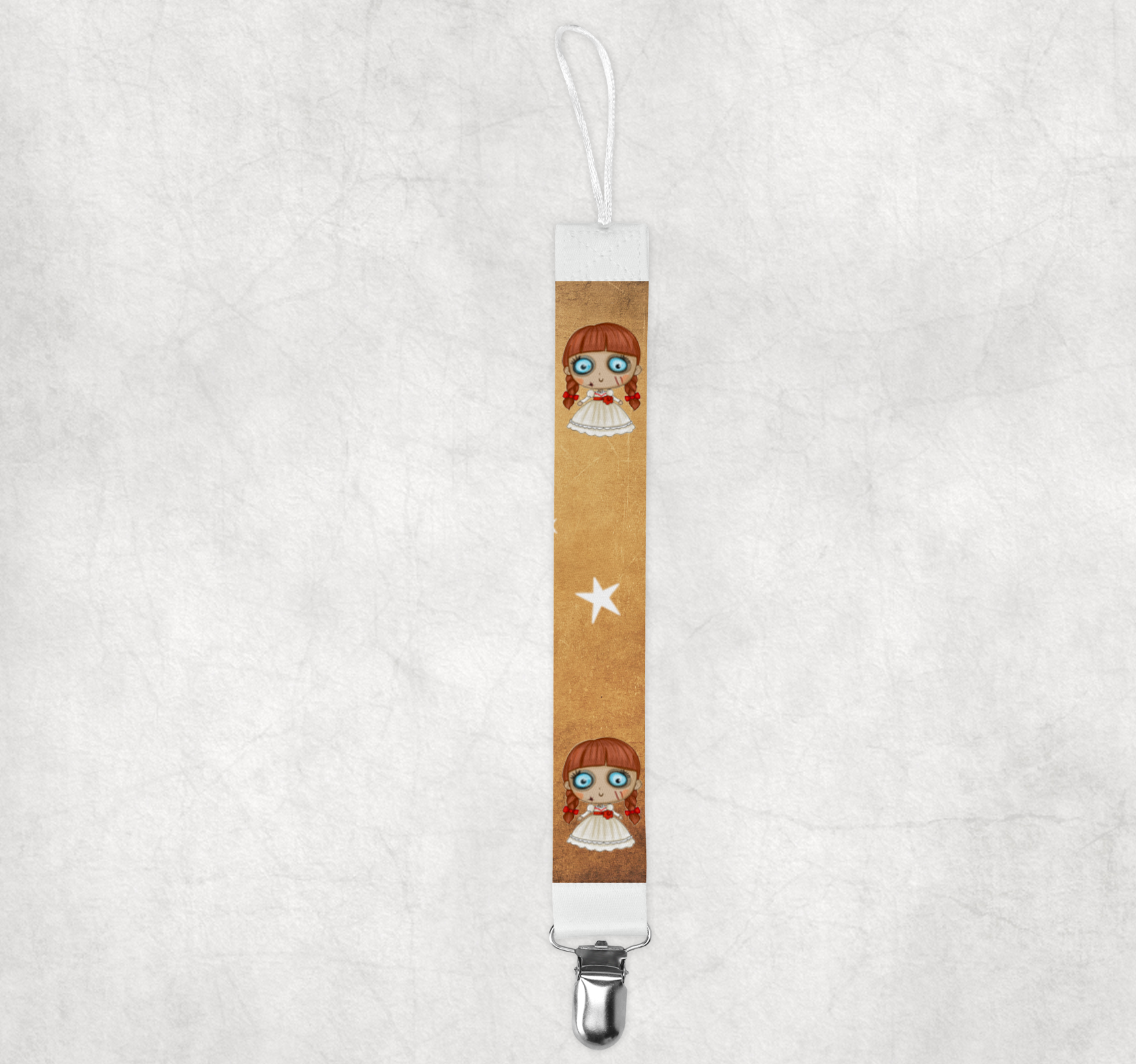 Cute Evil Doll Pacifier Clip Mockup