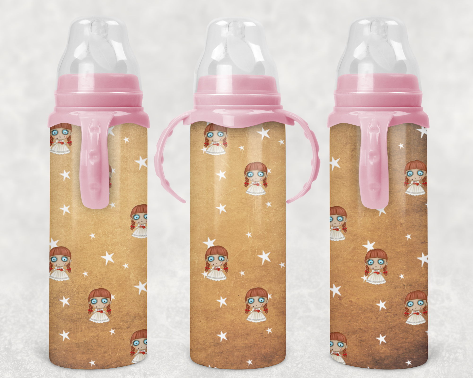 Cute Evil Doll Pattern Baby Bottle Mockup