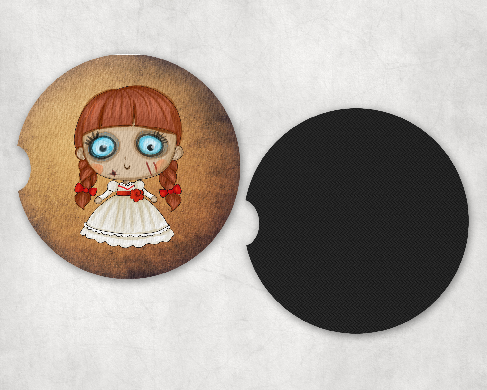 Cute Evil Doll Car Coasters Mockup