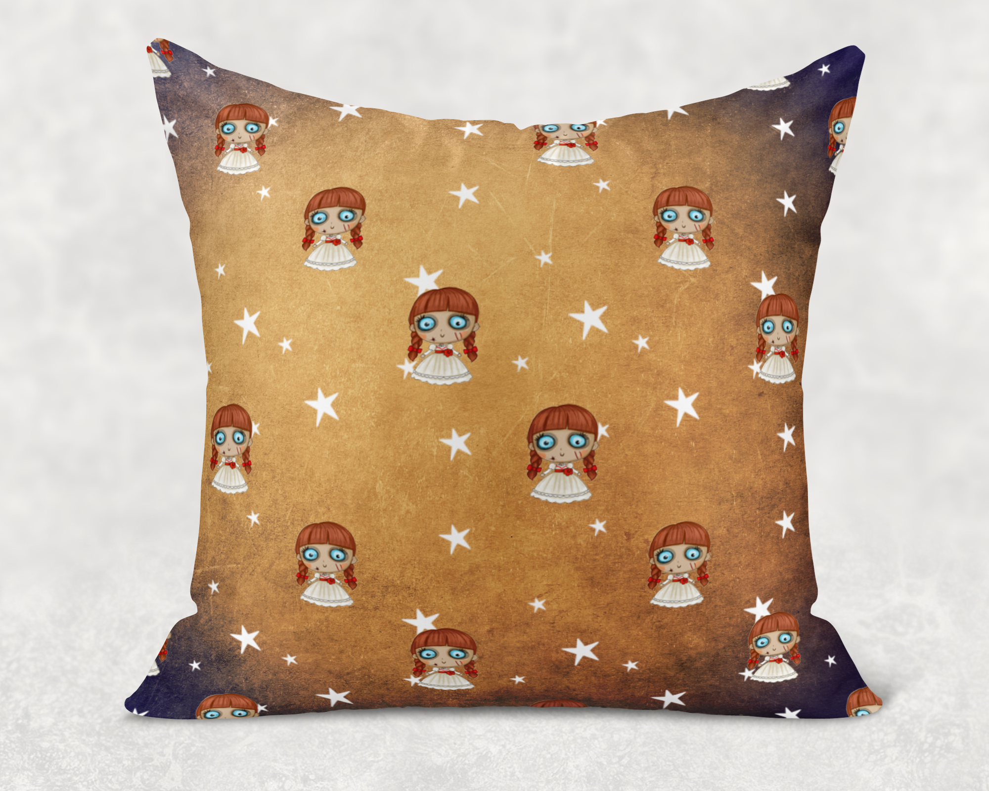 Cute Evil Doll Pattern Pillow Cover Mockup