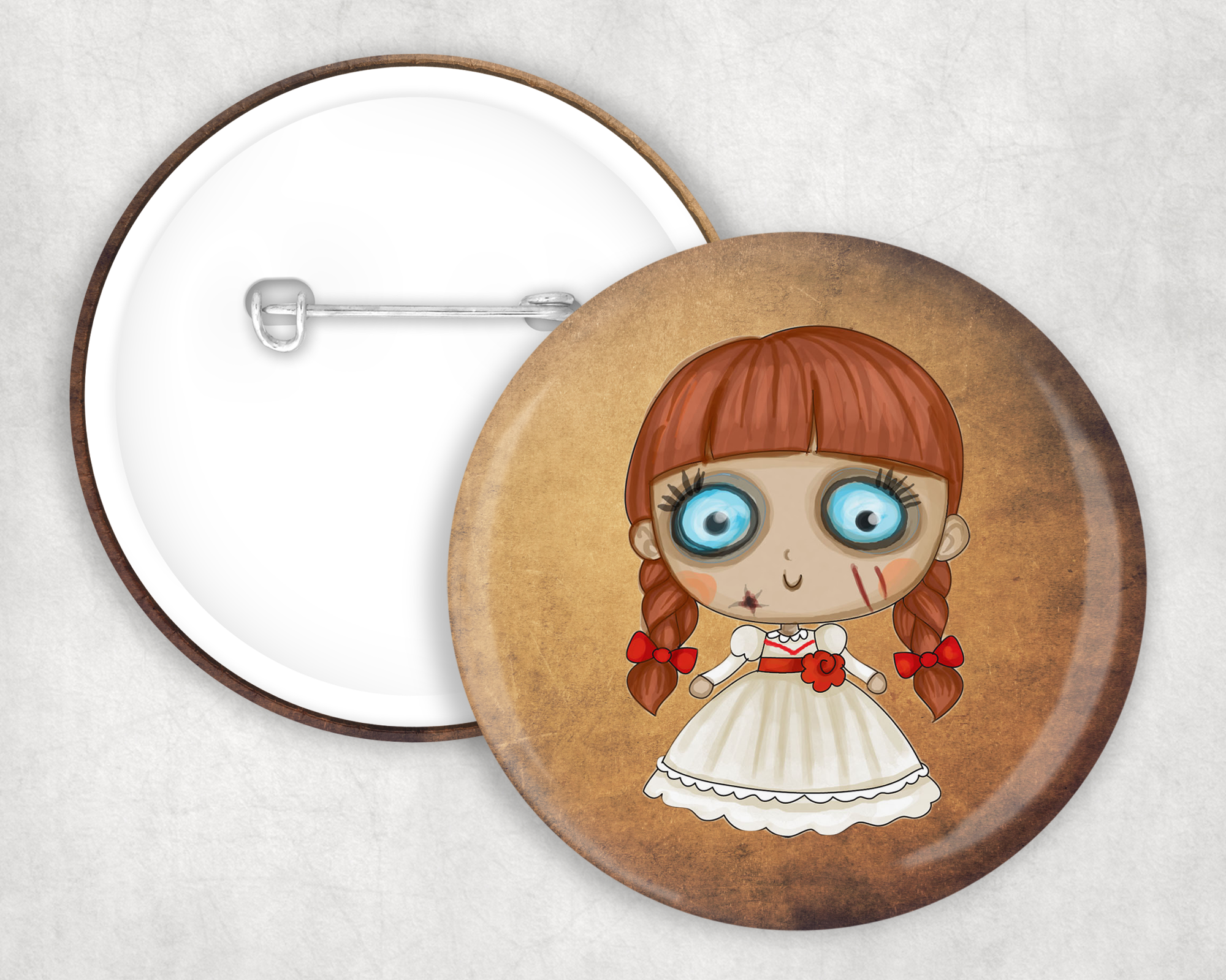 Cute Evil Doll Button Mockup