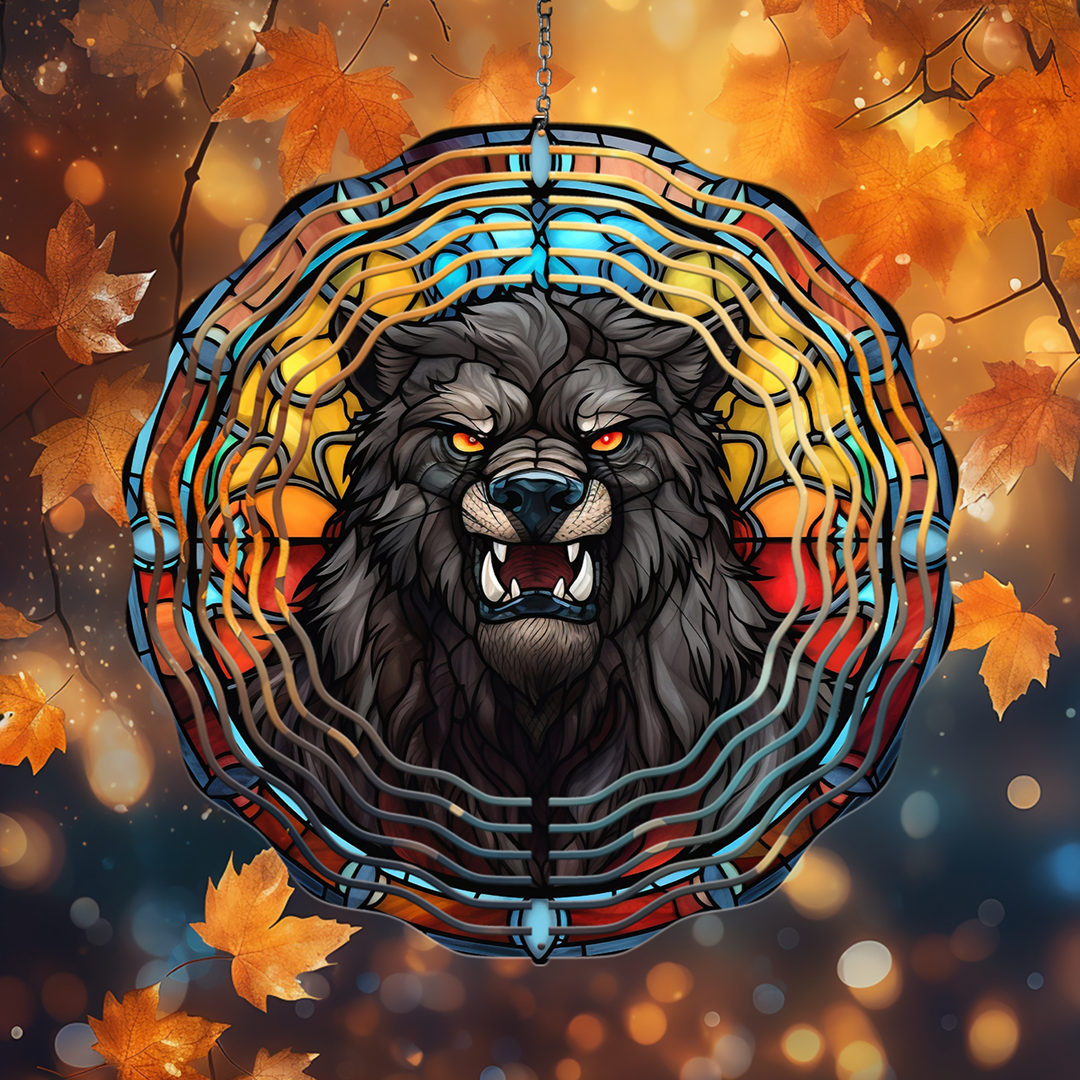 Stained Glass Wolfman Wind Spinner Mockup