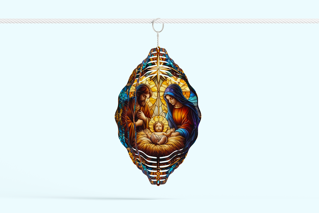 Stained Glass Nativity Wind Spinner Mockup
