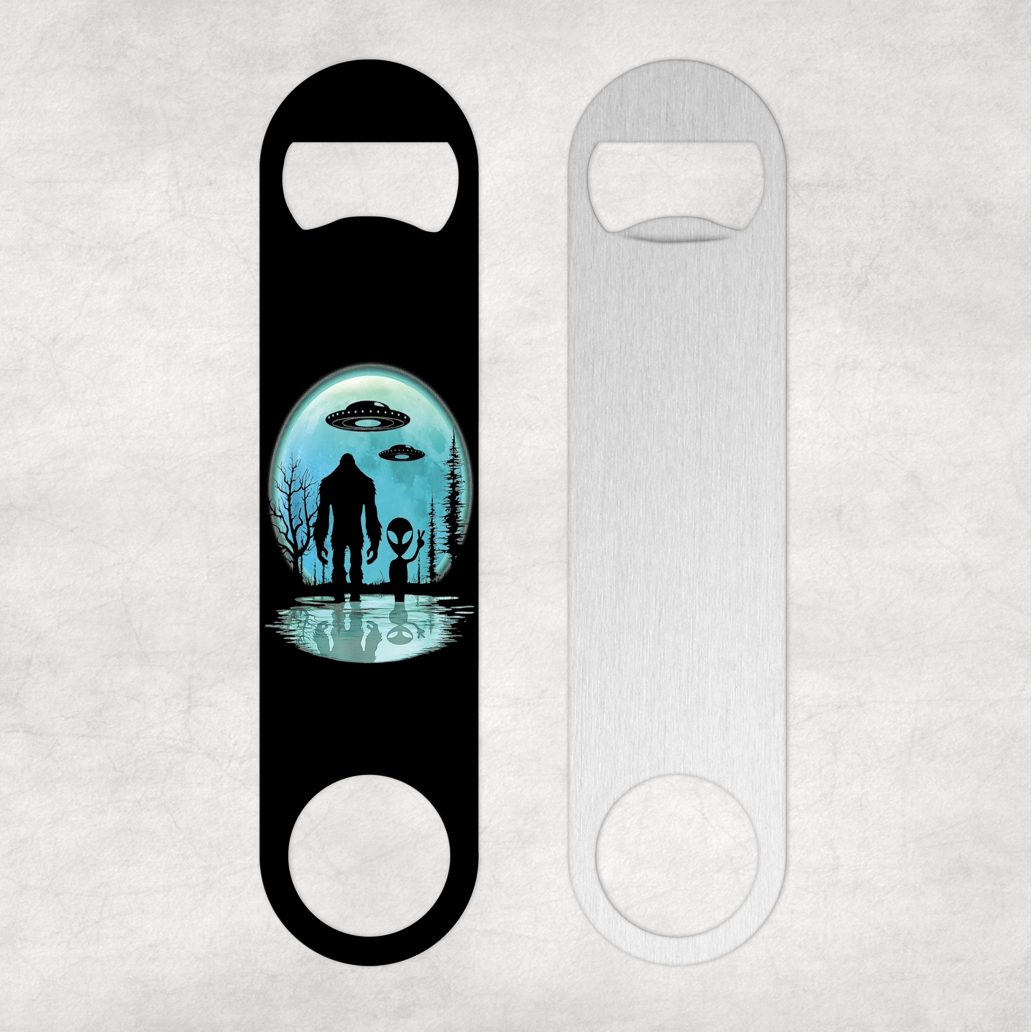 Alien & Bigfoot Silhouette Bottle Opener Mockup