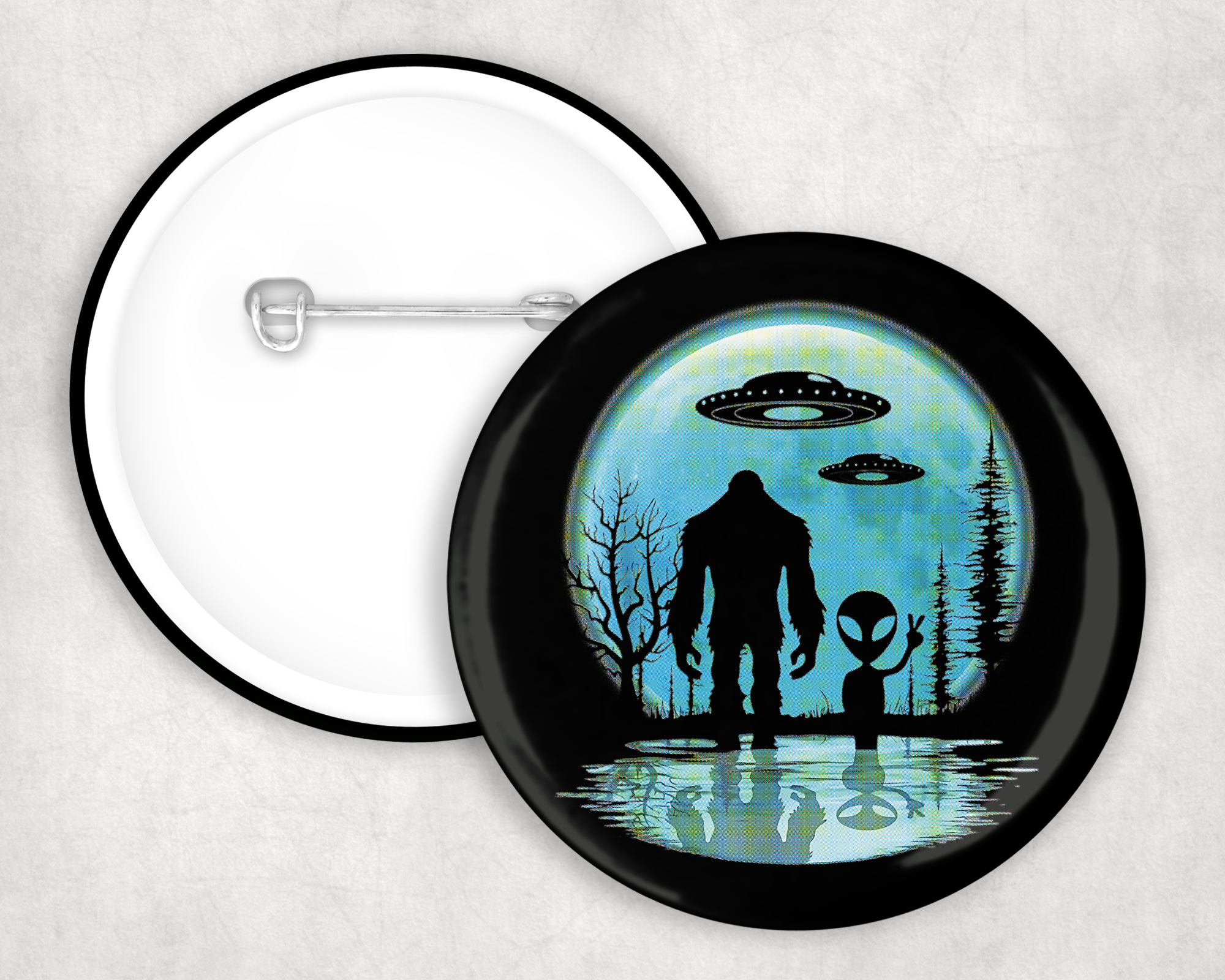 Bigfoot & Alien Silhouette Button Mockup