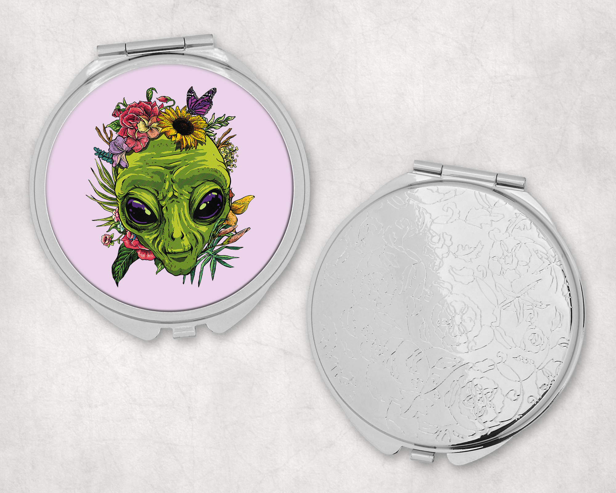 Floral Alien Face Mirror Compact Mockup