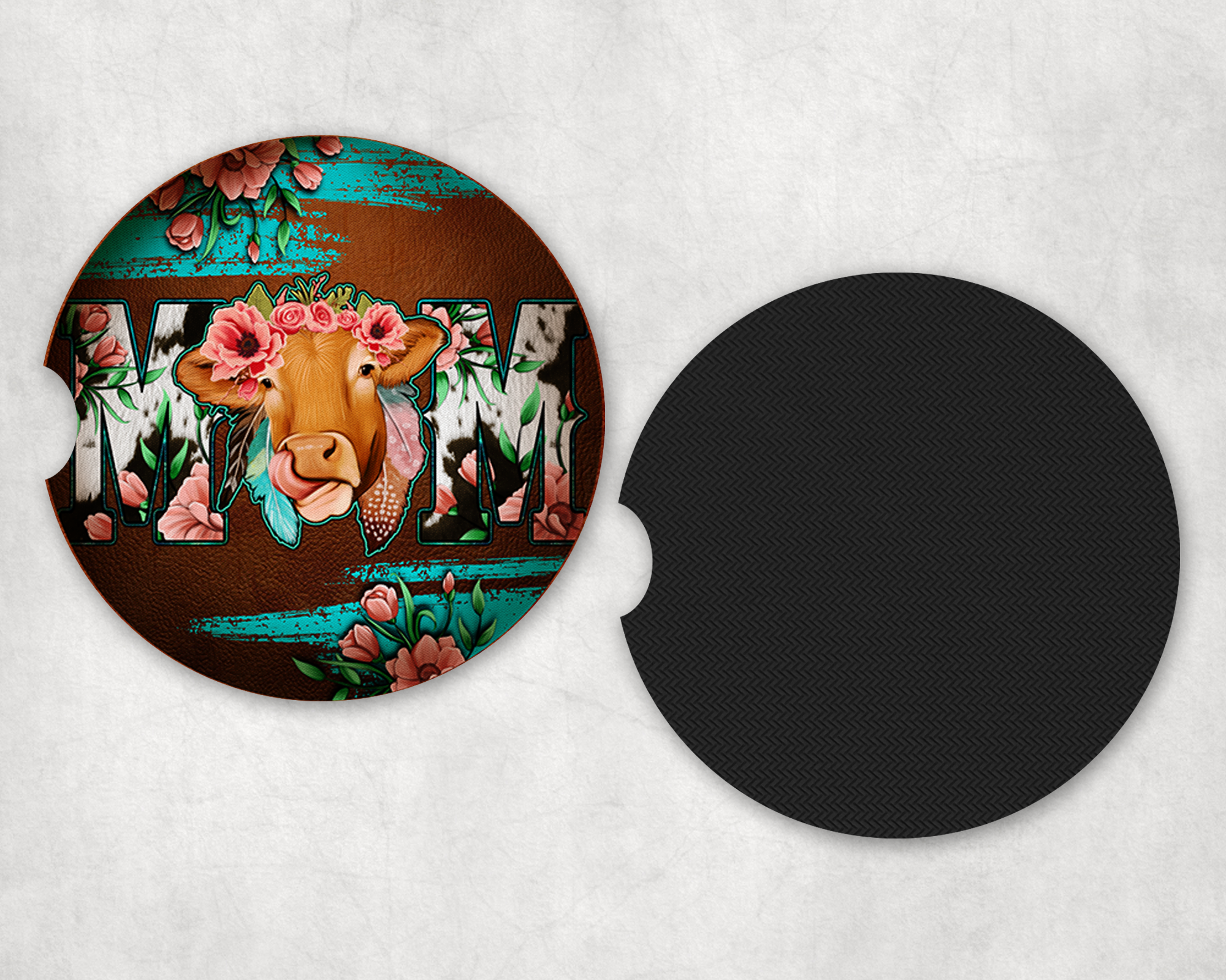 Mom Heifer Car Coasters Mockup