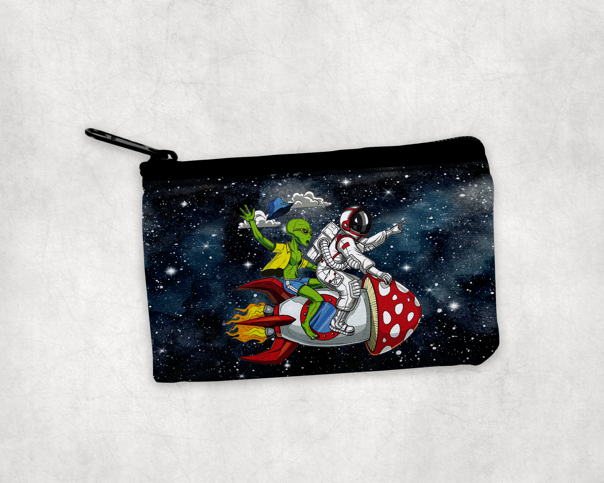 Mushroom Rocket Ride Zipper Pouch Mockup