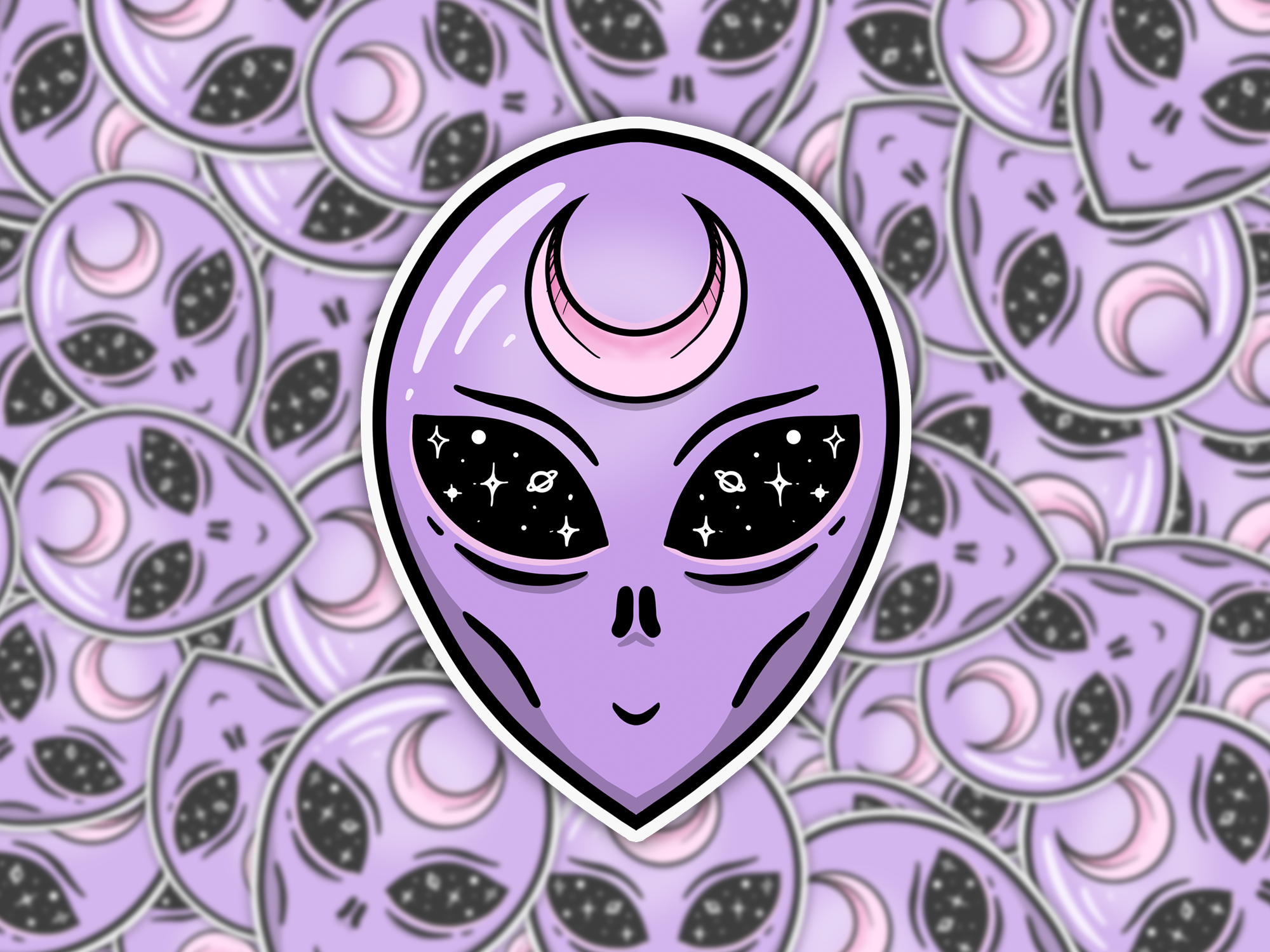 Purple Crescent Alien Face Sticker Mockup