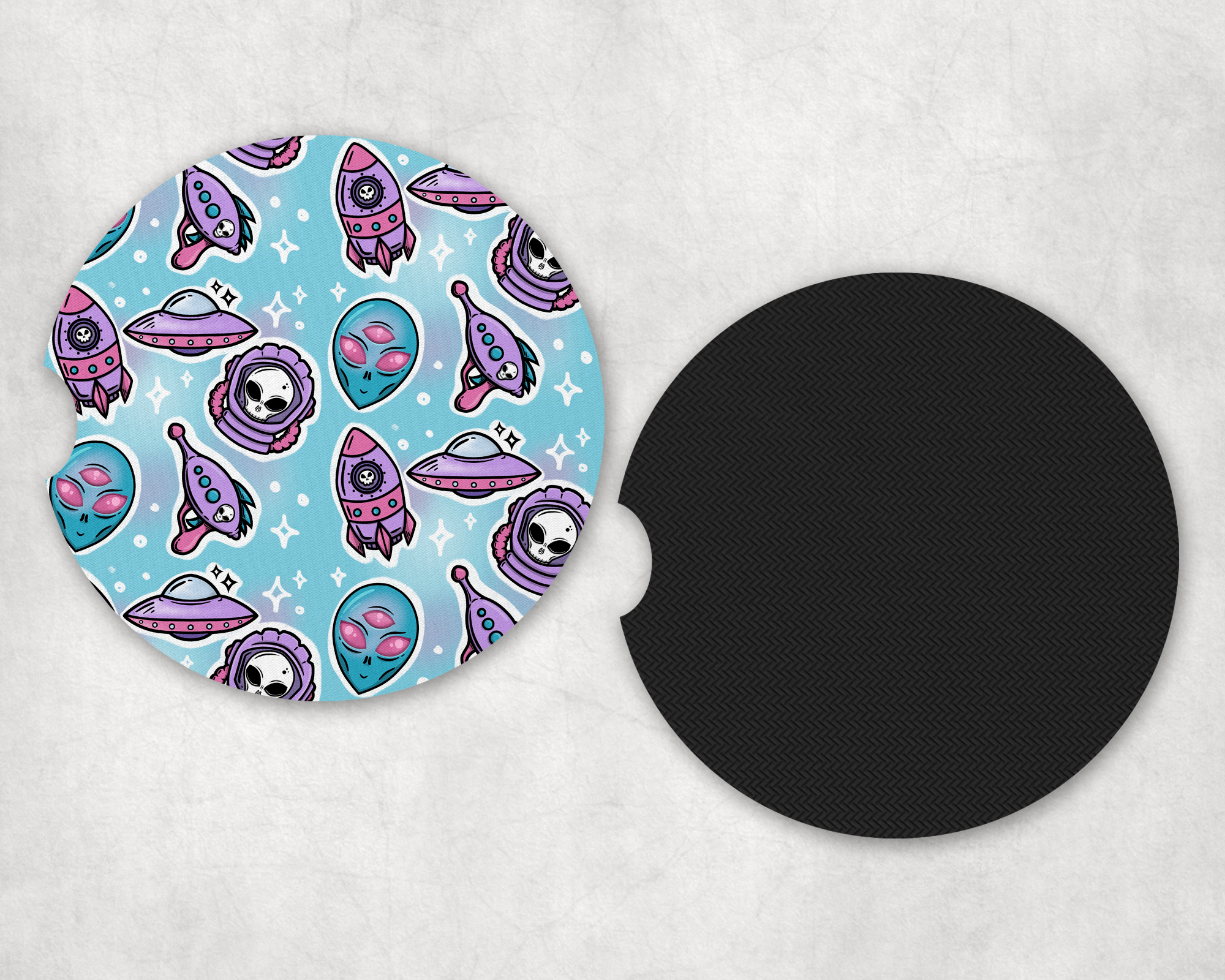 Pastel Alien Pattern Car Coasters Mockup