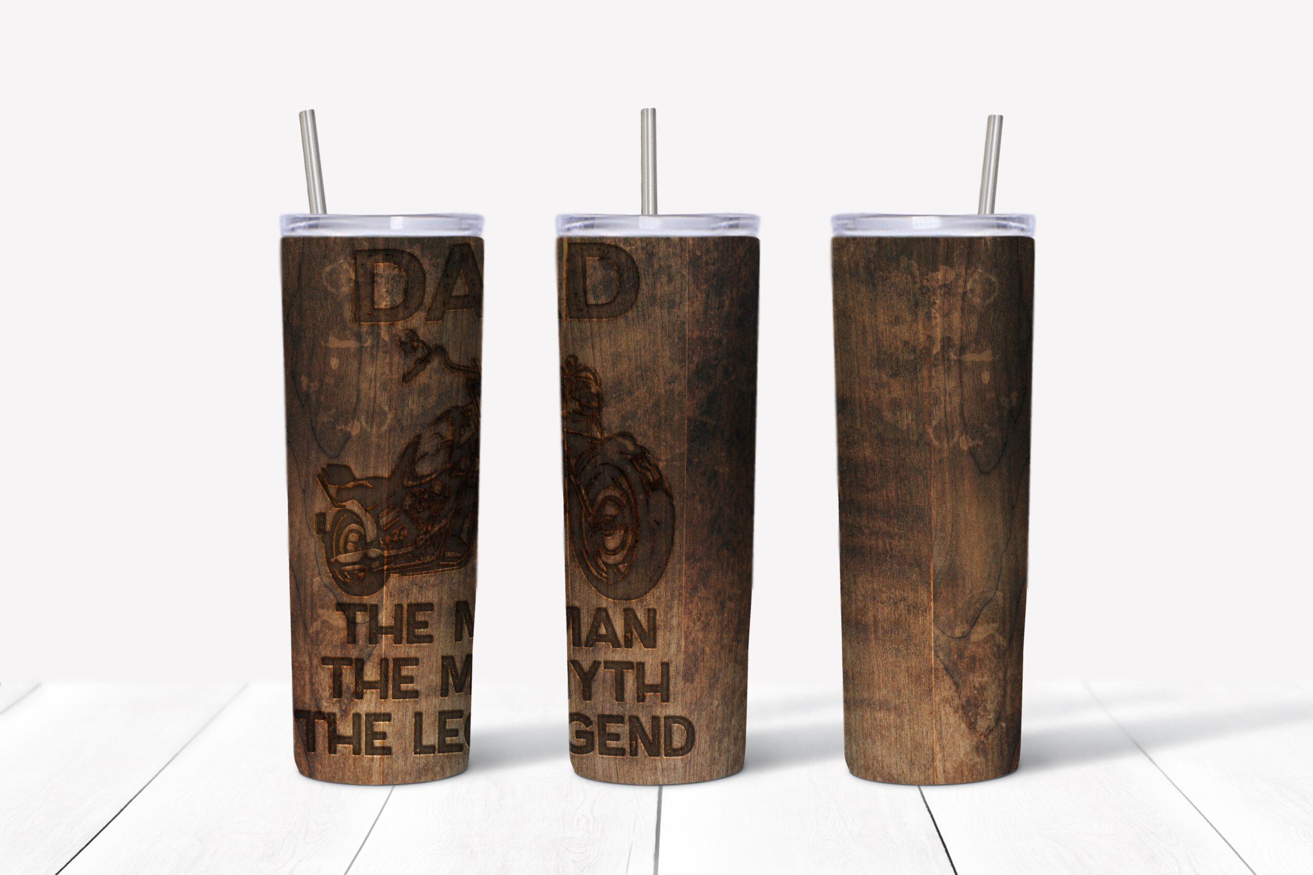 Dad The Man w/Motorcycle- Wood Burn Tumbler Mockup