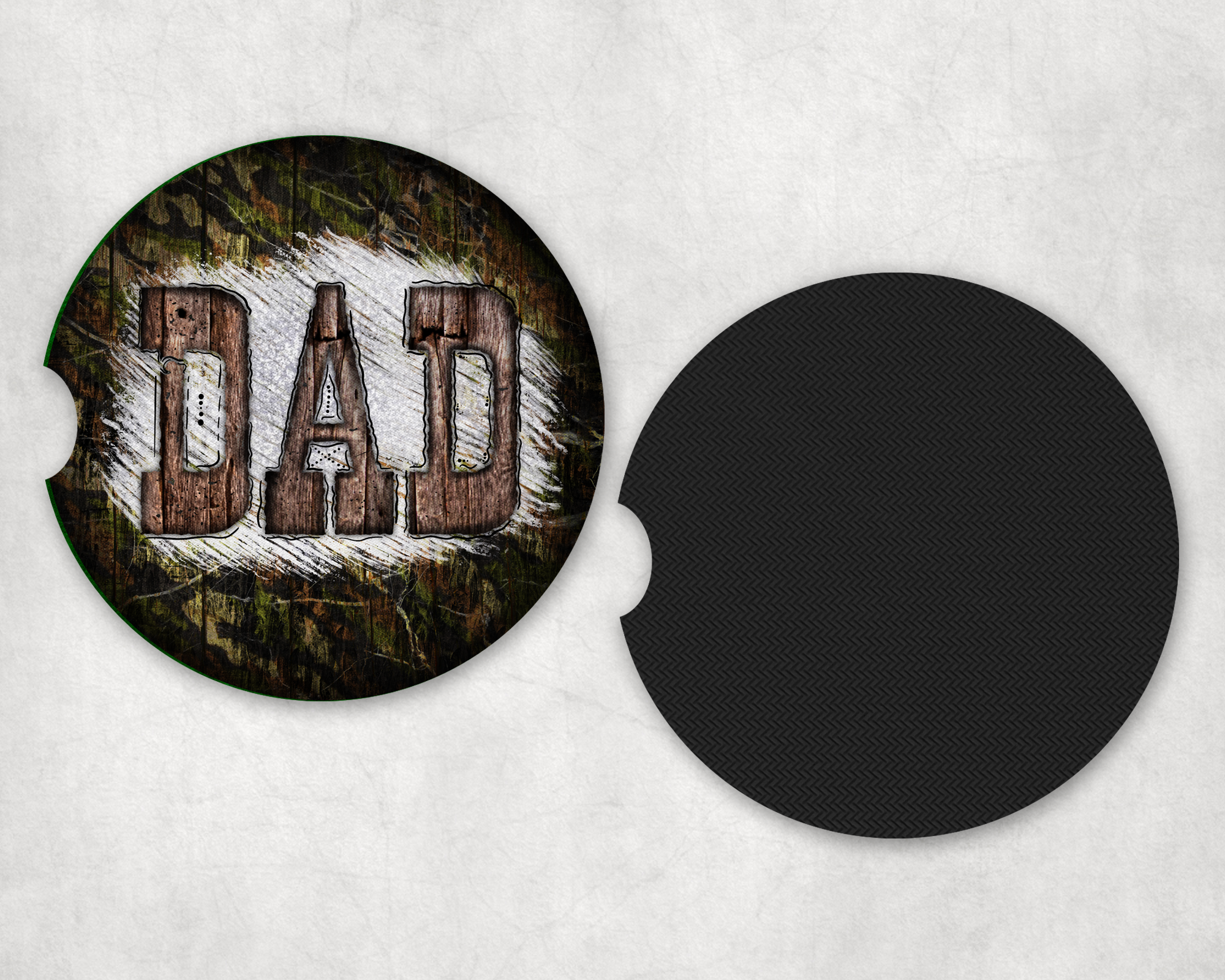 Camo & Wood Dad Car Coasters Mockup