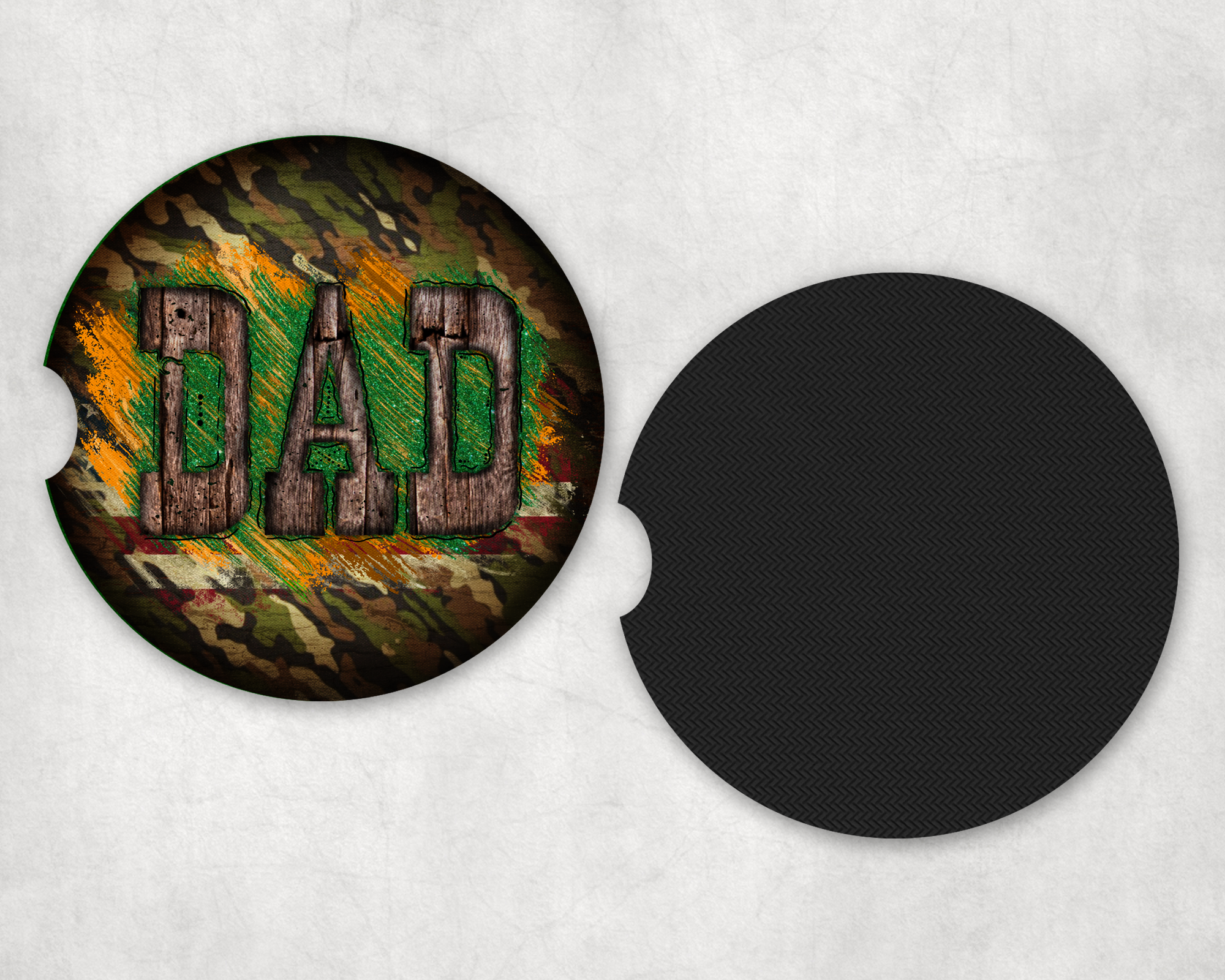 Dad Camo & Wood Car Coasters Mockup