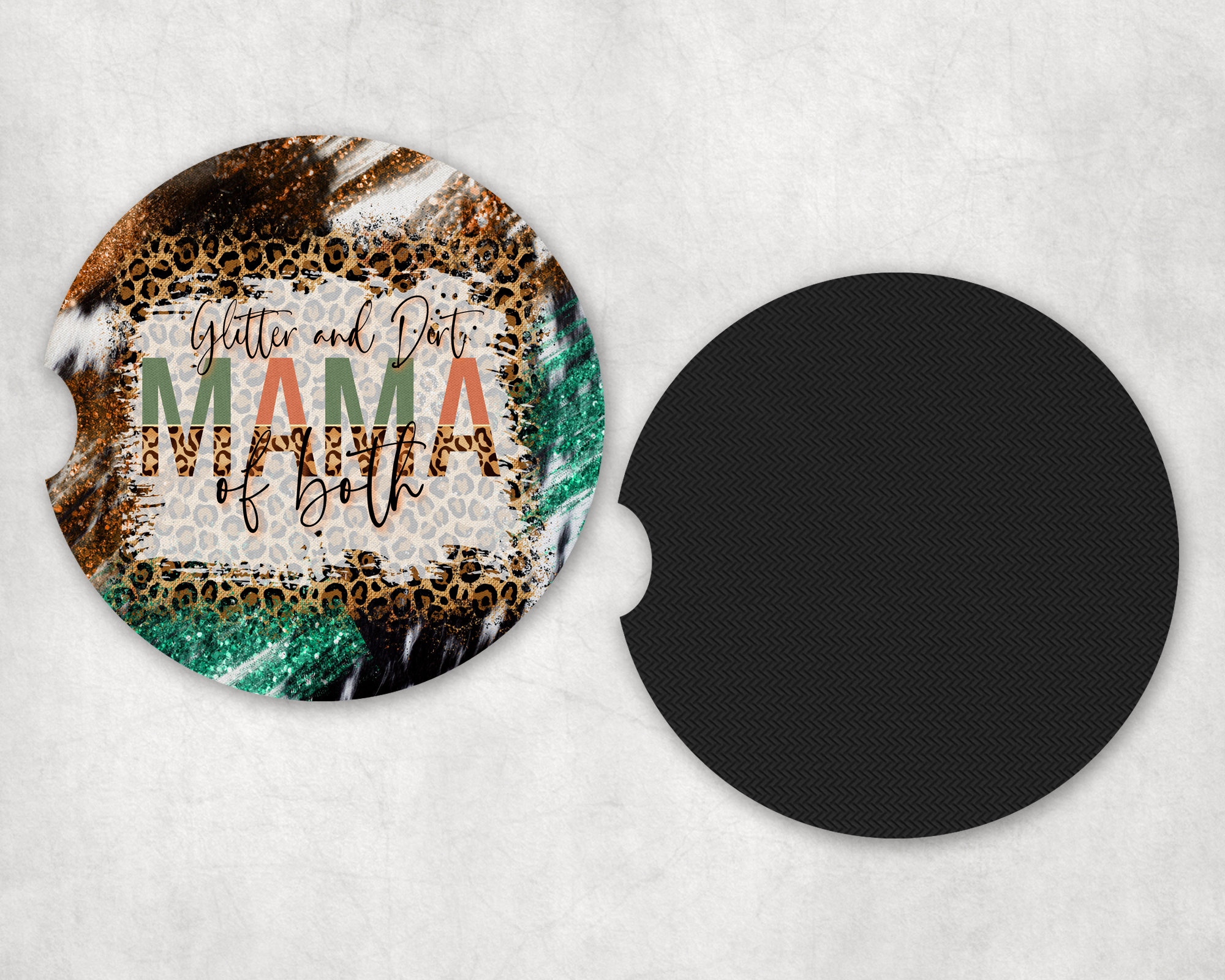 Glitter & Dirt Mama Car Coasters Mockup