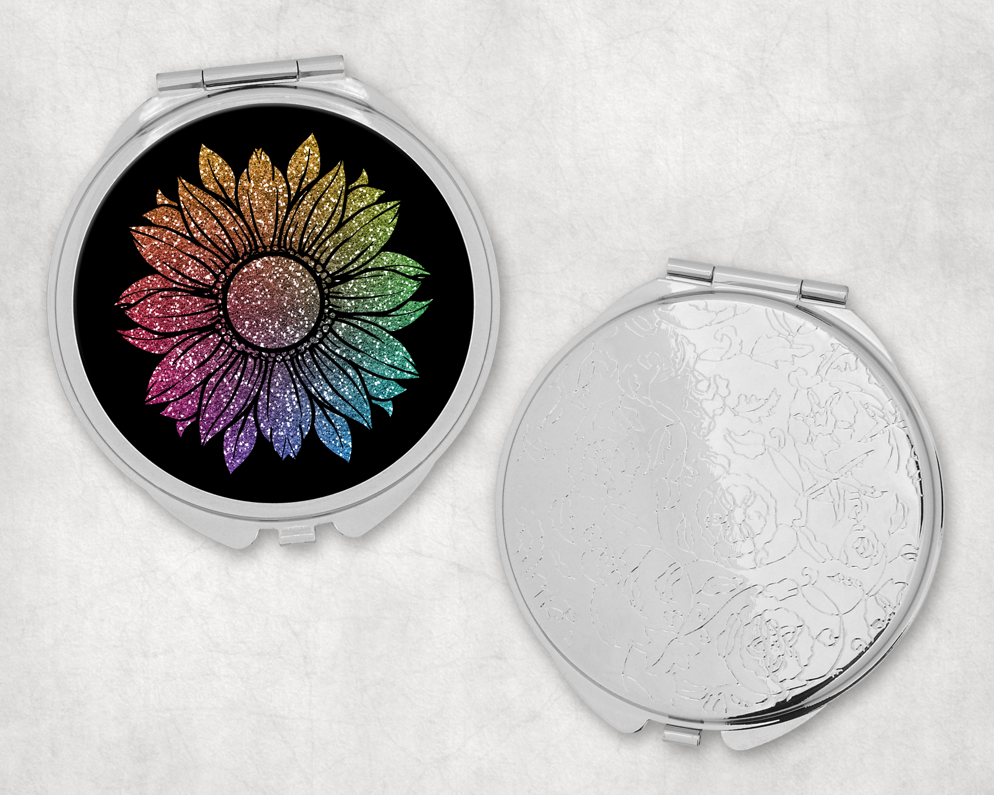 Rainbow Glitter Sunflower Mirror Compact Mockup
