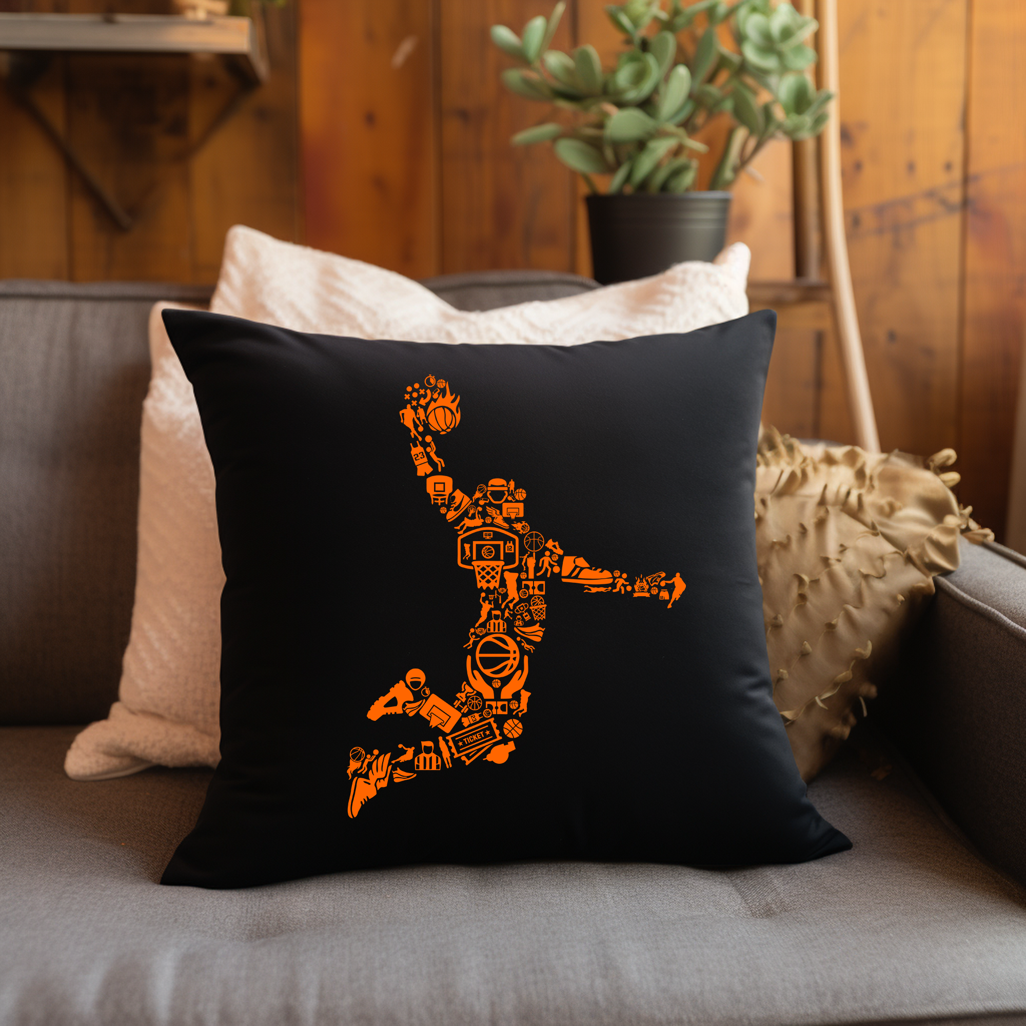 Basketball Player Silhouette Collage Throw Pillow Cover Mockup