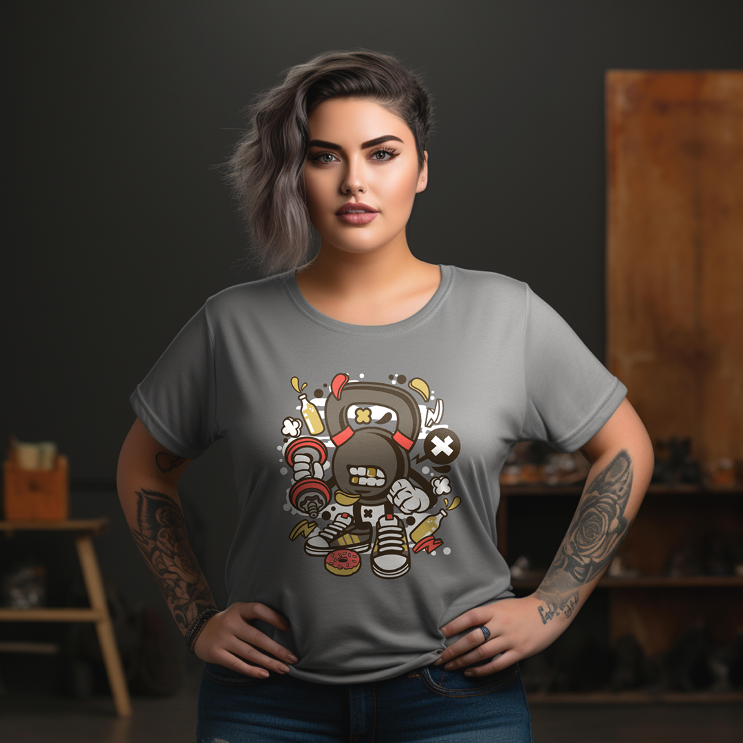 Cartoon Kettle Bell Character Shirt Mockup
