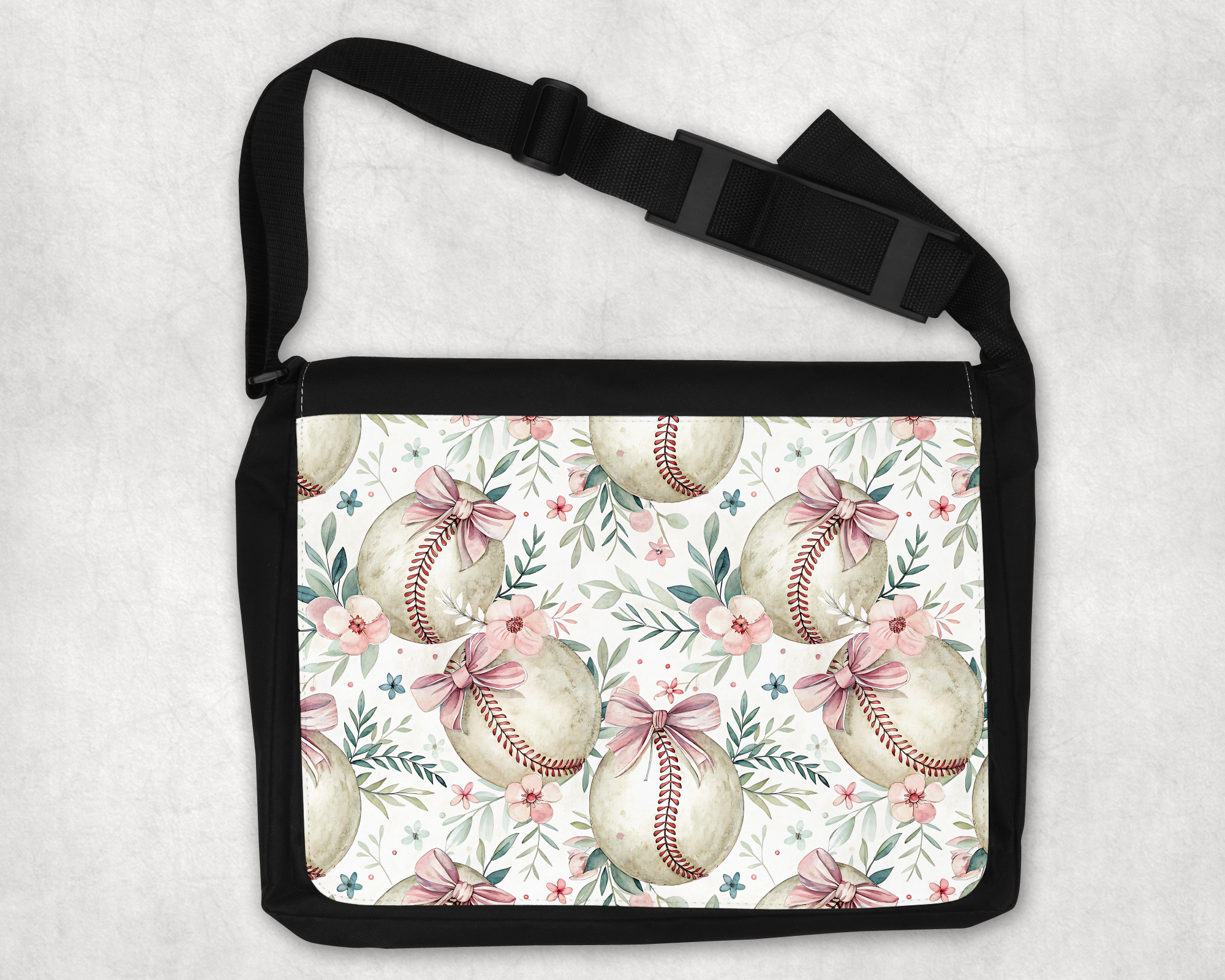 Floral Baseball Pattern Messenger Bag Mockup