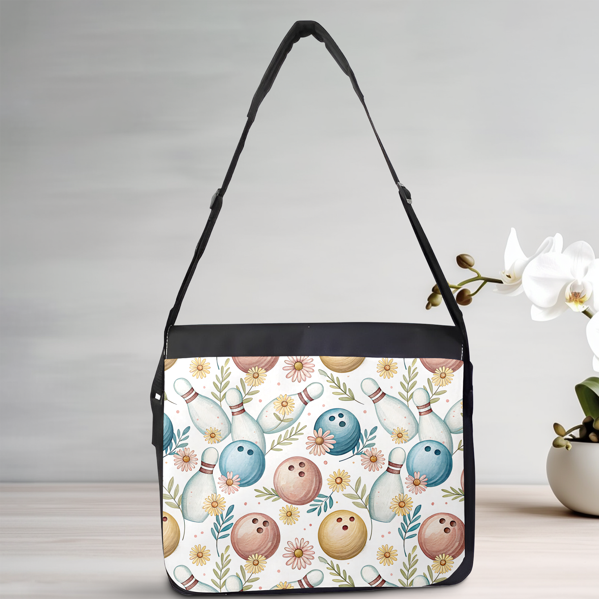 Floral Bowling Pattern Messenger Bag Mockup