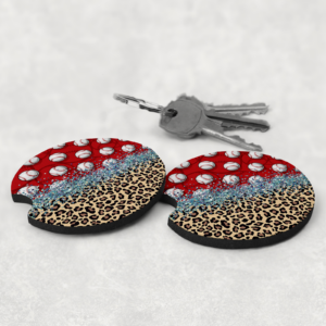 Glitter, Baseballs & Leopard Print Car Coasters Mockup