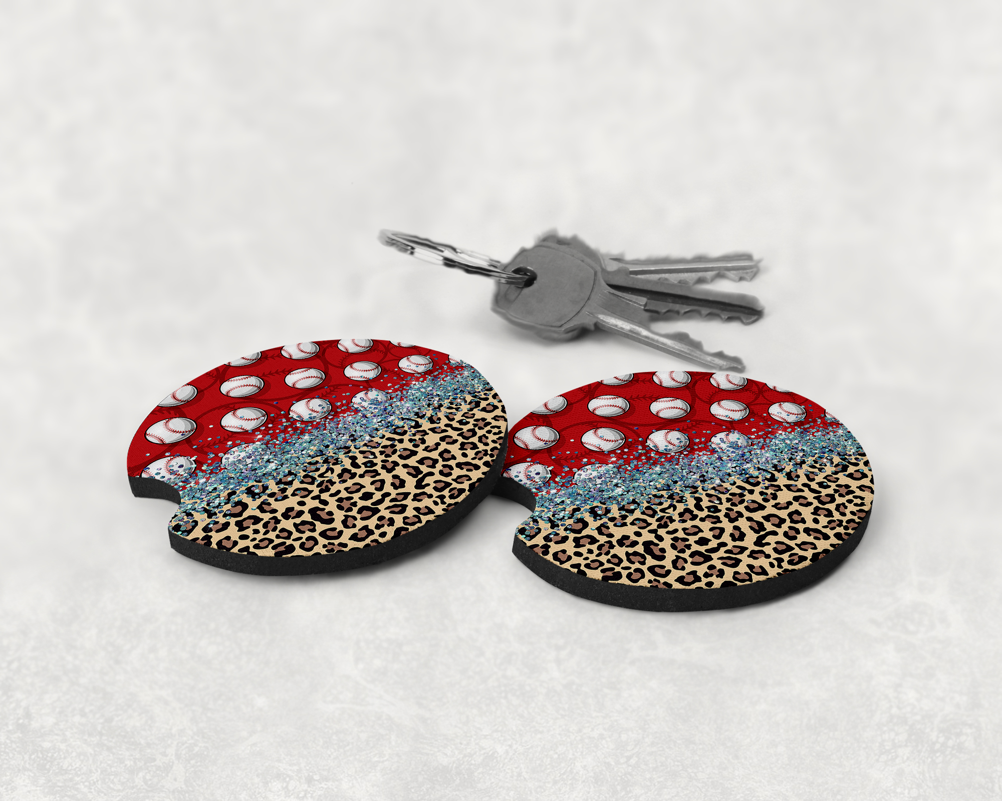 Glitter, Baseballs & Leopard Print Car Coasters Mockup