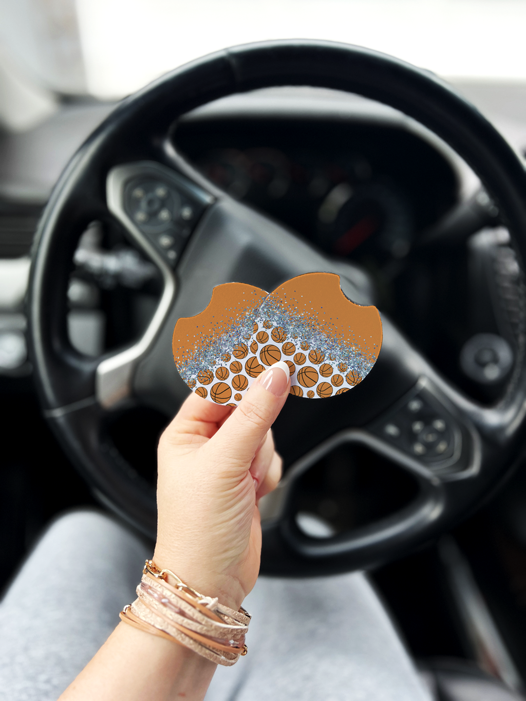 Glitter & Basketballs Car Coasters Mockup