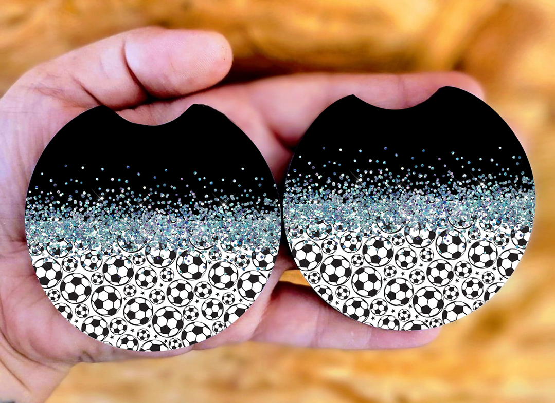 Glitter & Soccer Balls Car Coasters Mockup